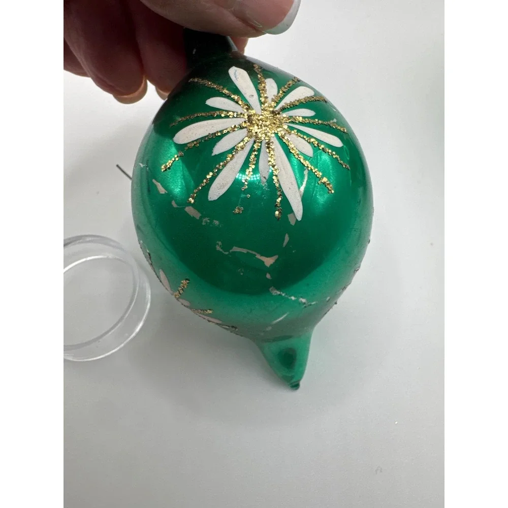 Vintage Green Glass Teardrop Christmas Ornaments Gold Glitter Floral Set of 2